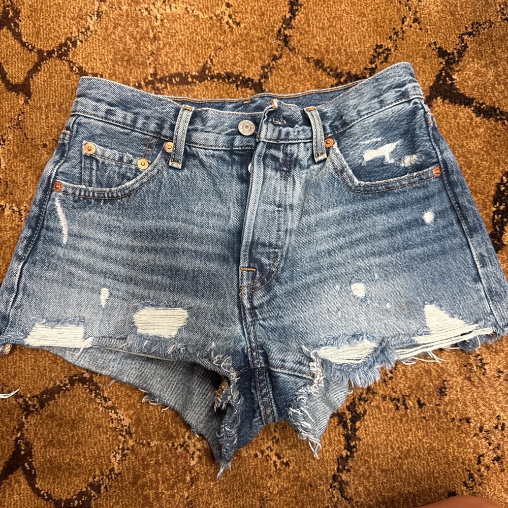 Distressed High-Rise Denim Shorts - Blue
